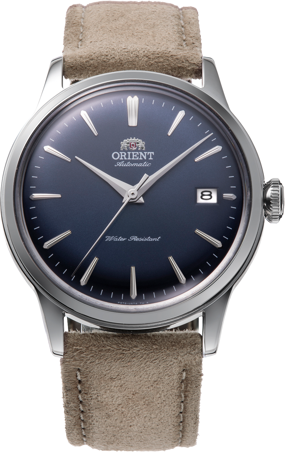 Orient Bambino cadran bleu, verre bombé et bracelet cuir daim beige