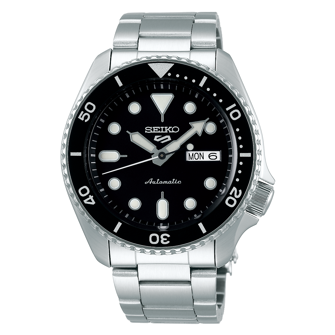 Seiko 5 Sports SRPD55 à cadran noir, lunette tournante et bracelet acier
