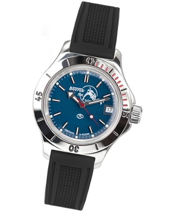 Vostok Amphibia cadran bleu Scuba Dude, lunette tournante et bracelet caoutchouc